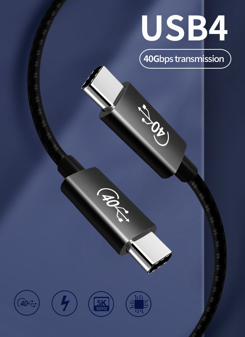 USB4 Cable 100W 40Gbps 5K@60Hz USB C