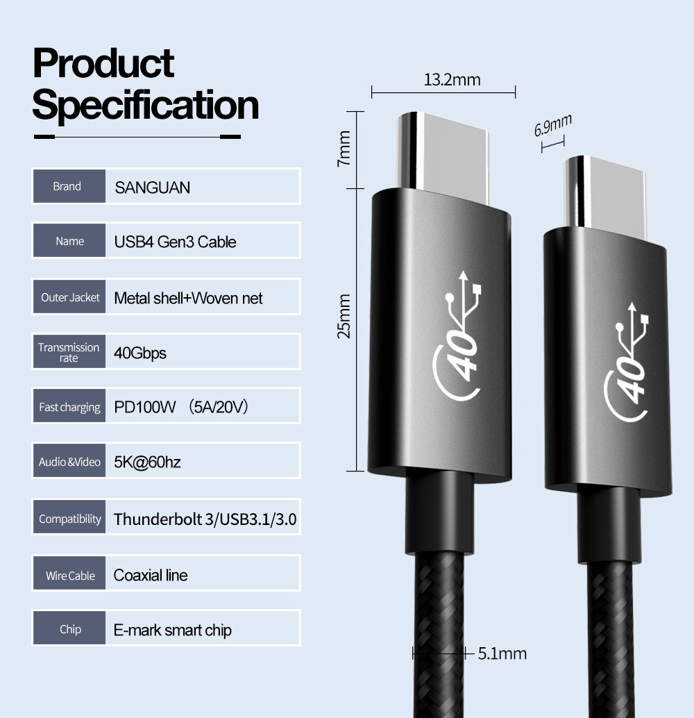 USB4 Cable 100W 40Gbps 5K@60Hz USB C