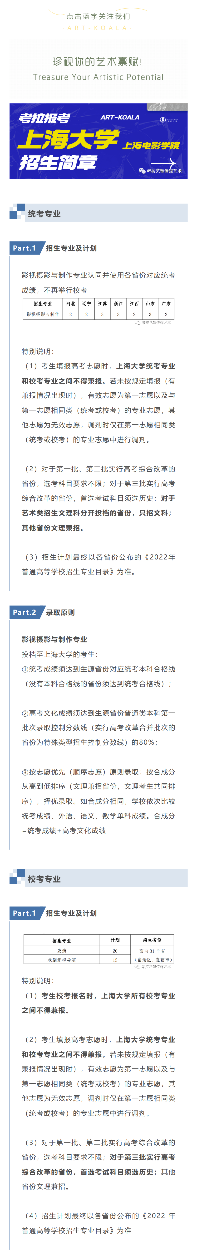 考拉报考 | 上海大学上海电影学院2022年艺术类本科专业招生章程