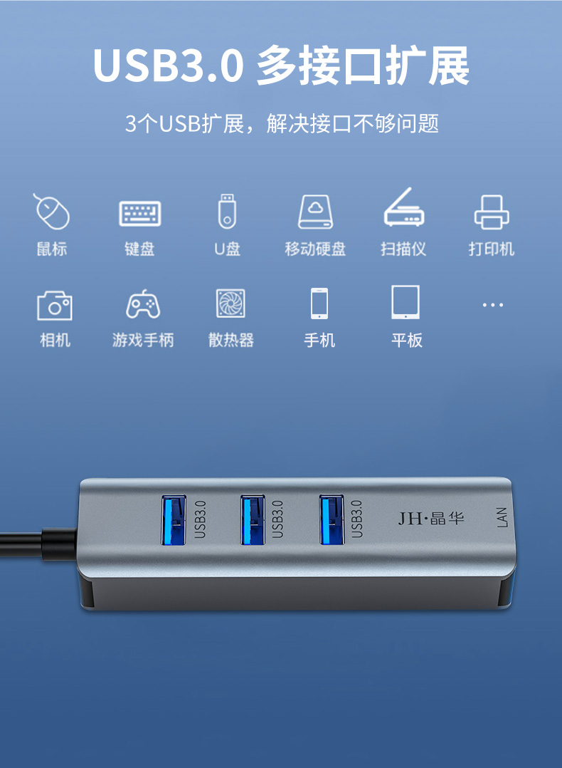 【N867】晶华USB网卡(千兆)+3*USB3.0口HUB 铝合金外壳