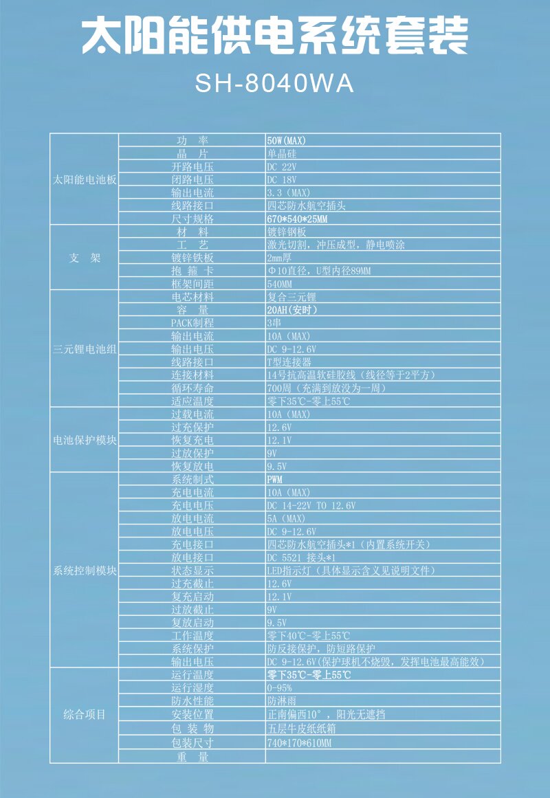 叁和燊SH-8040WA 标准50W单晶+12AH锂电池 540*670*30MM 不带头