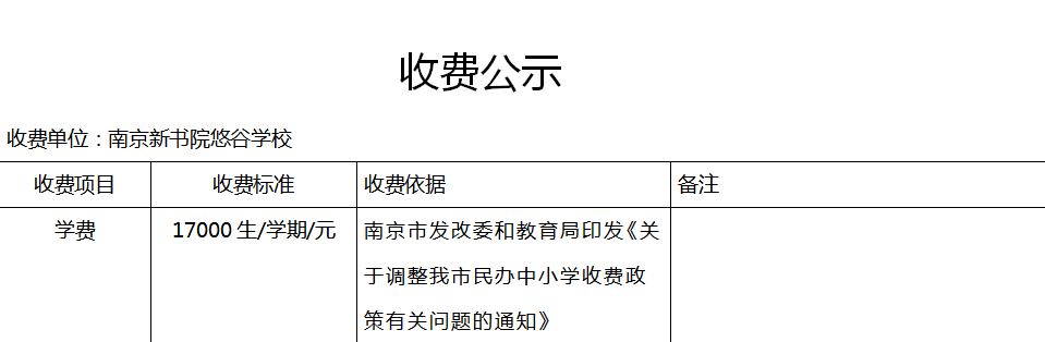 南京新书院悠谷学校2023年春学期学费收费公示
