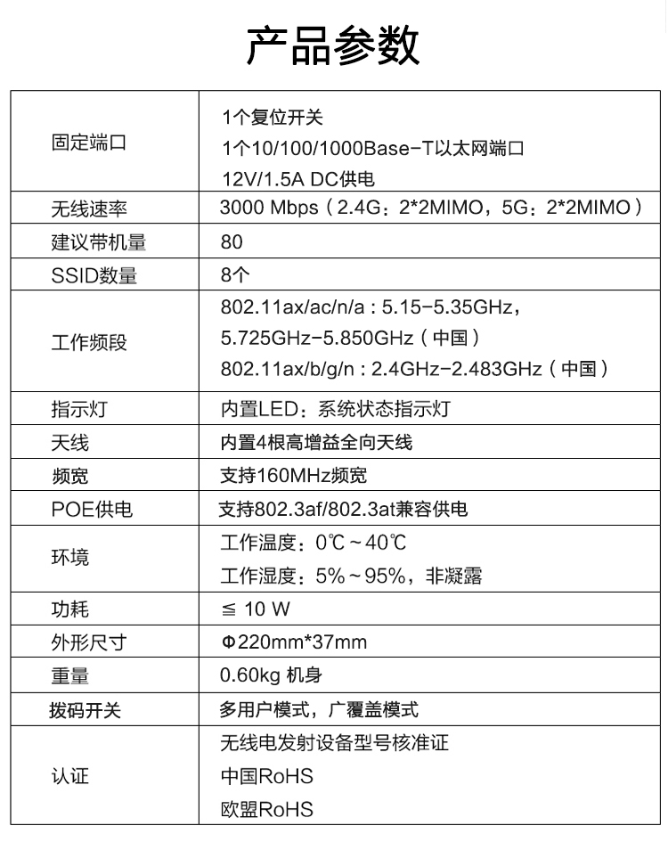 【仅限辽宁省内】华三（H3C）BA3000C 3000M双频室内吸顶式ap 千兆WiFi6  带机量40-60