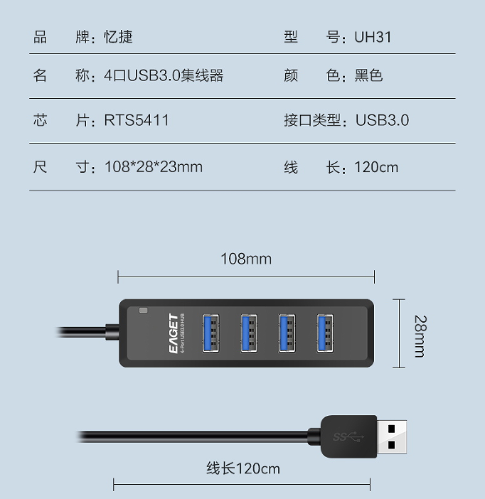 忆捷 UH31 四口 USB3.0HUB 1.2米线长