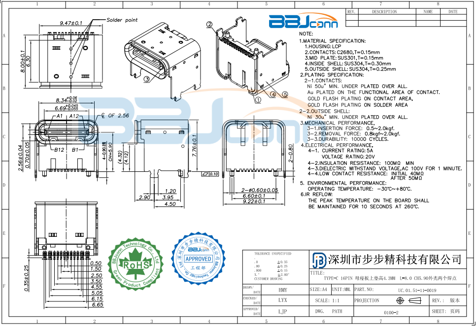 TYPE-C 16PIN 母座板上垫高4.3MM L=8.0 CH5.90