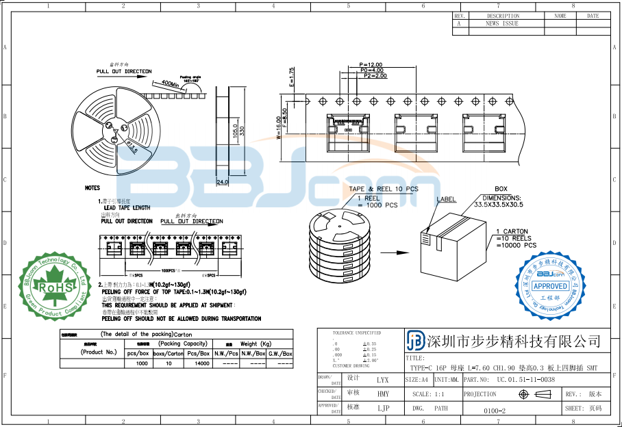 TYPE-C 16P 母座 L=7.60  CH1.90 垫高0.3  板上四脚插 SMT