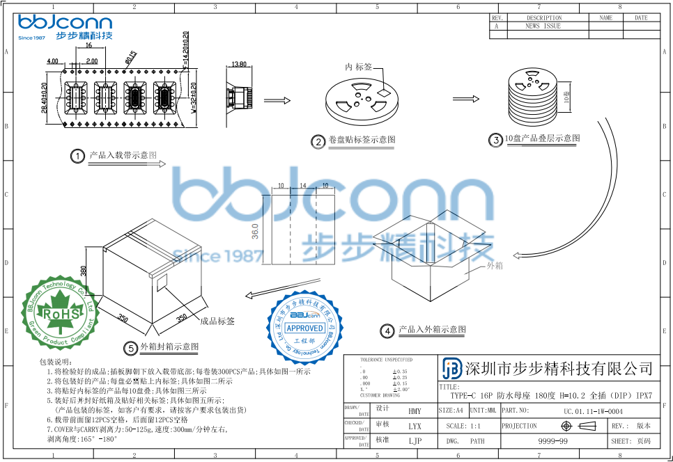 TYPE-C 16P 防水母座180度H=10.2全插IPX7