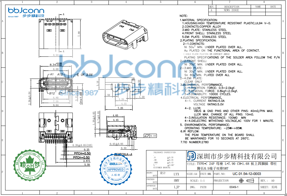 TYPE-C 24P 母座 L=7.90 CH=1.68 板上四脚插 带柱 脚长0.5 端子双排SMT