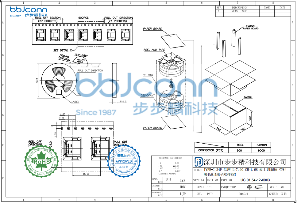 TYPE-C 24P 母座 L=7.90 CH=1.68 板上四脚插 带柱 脚长0.5 端子双排SMT