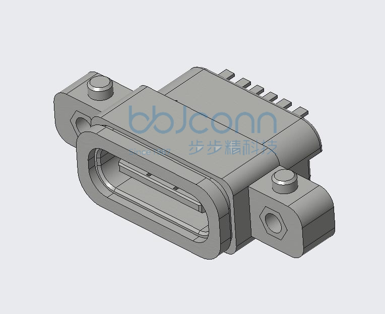 TYPE-C 6P 防水母座 L=8.70 CH=1.68 沉板0.80 带双耳螺丝孔 带柱 端子SMT IPX7 带防水圈 (12-6P-CUTOO)