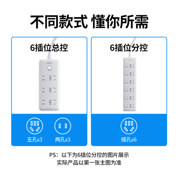  绿联（15078）新国标6位总控插座  线长1.8米  15078