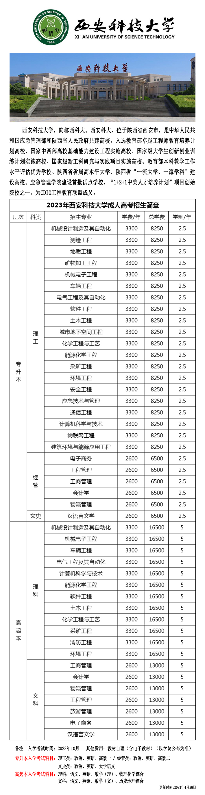 西安科技大学2023年成人高考招生简章