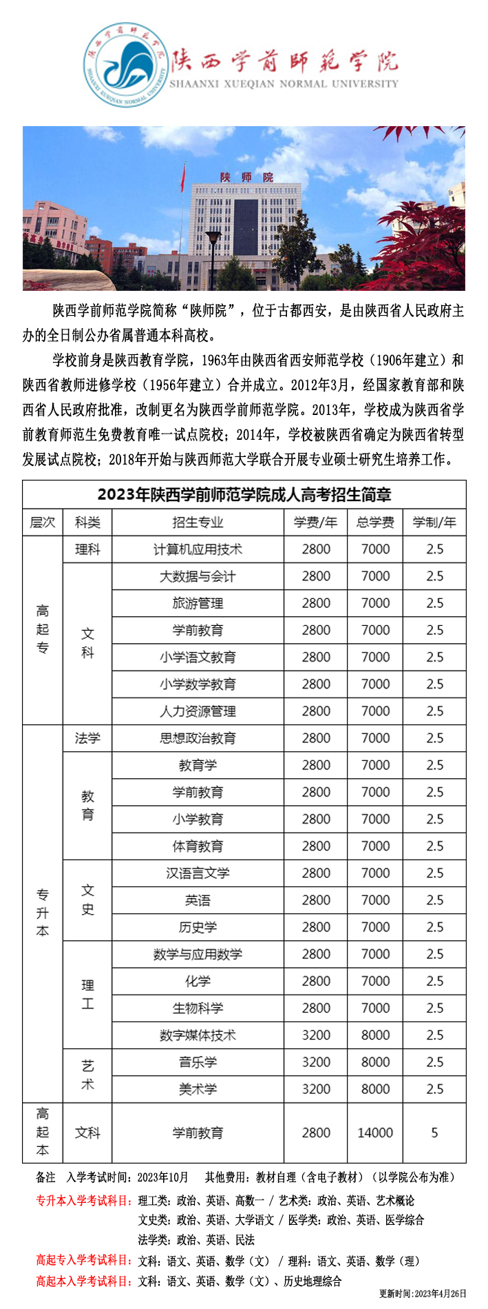 陕西学前师范学院2023年成人高考招生简章