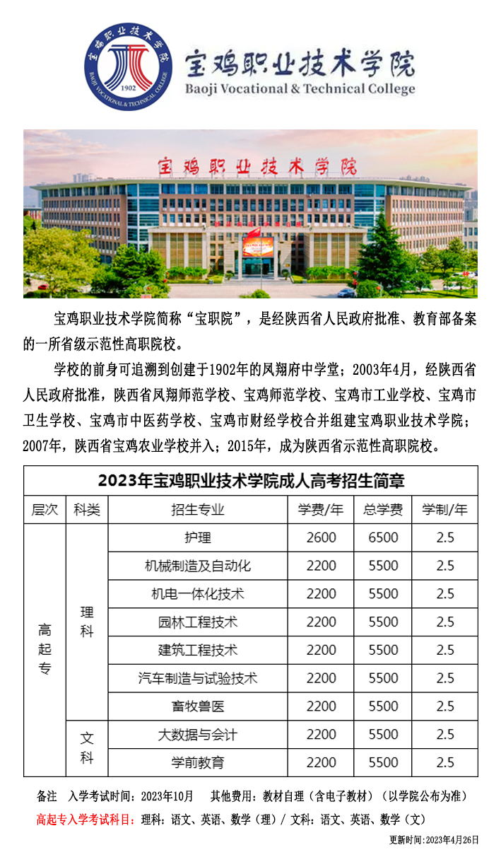 宝鸡职业技术学院2023年成人高考招生简章