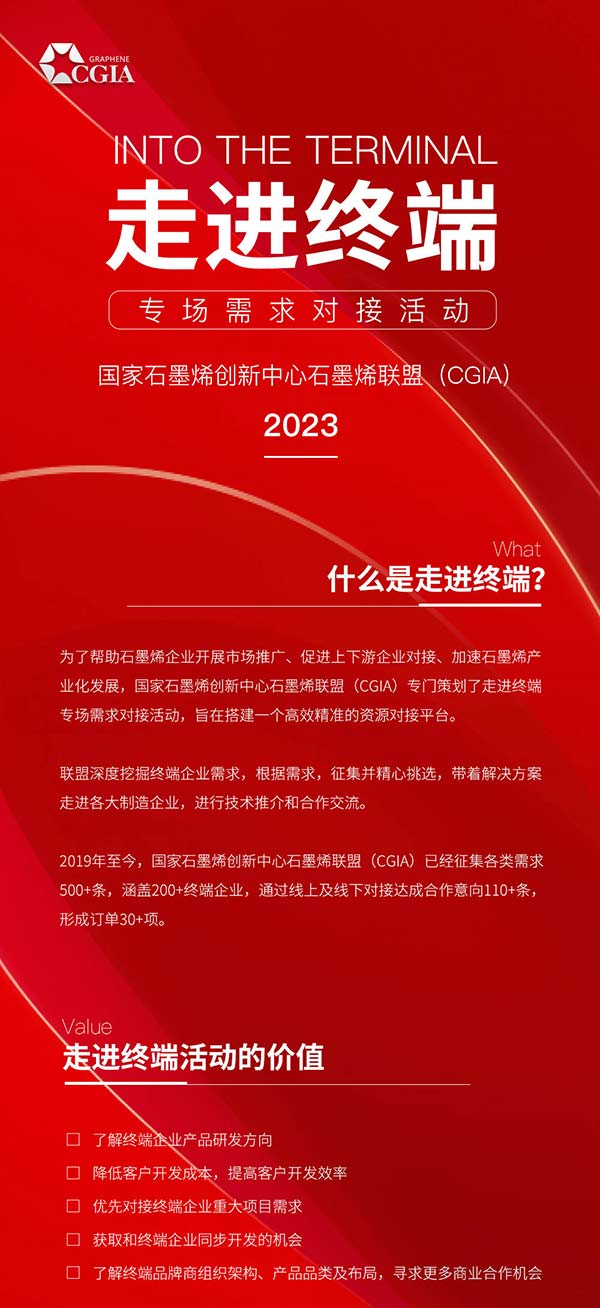 國家石墨烯創(chuàng)新中心石墨烯聯(lián)盟（CGIA）2023年走進終端專場需求對接活動規(guī)劃出爐！