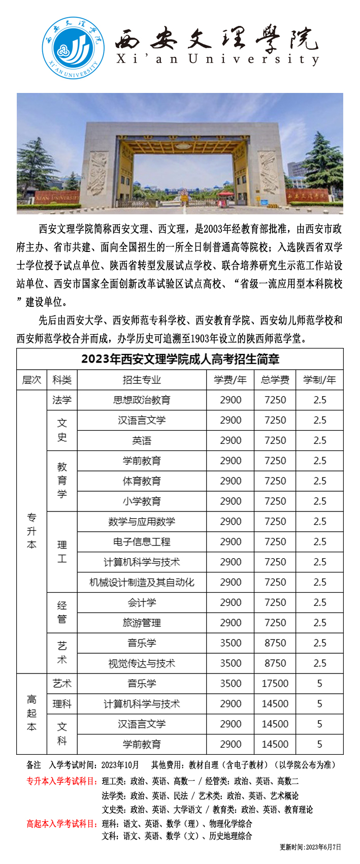 西安文理学院2023年成人高考招生简章  