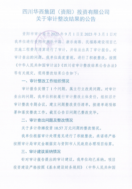 四川华西集团（资阳）投资有限公司关于审计整改结果的公告