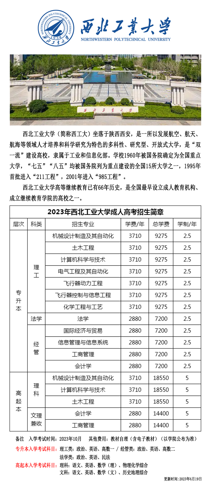 西北工业大学2023年成人高考招生简章