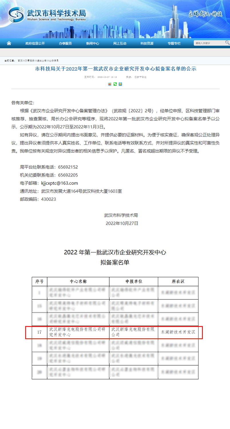 【企业动态】新烽光电获“武汉市企业研究开发中心”认定