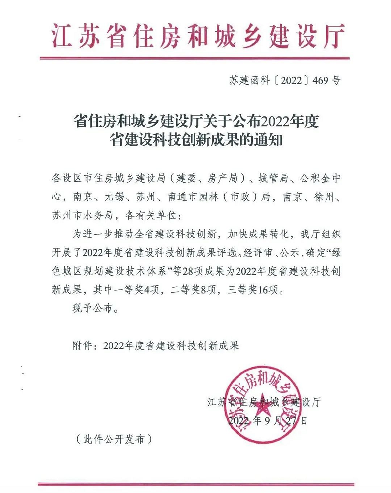 【企业动态】40001百老汇官网电子游戏荣获2022年度江苏省建设科技创新成果三等奖