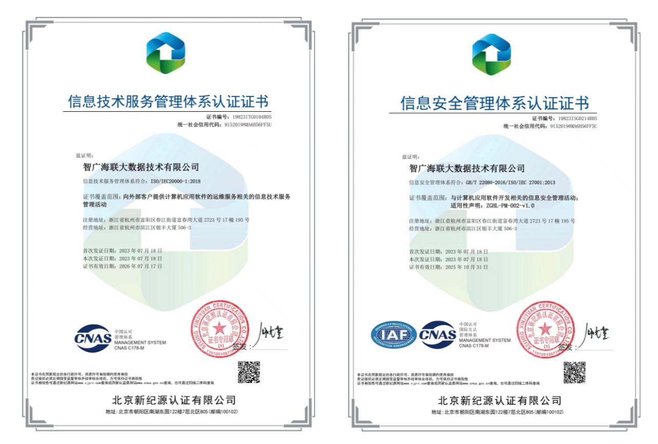 智广海联再获信息安全服务ISO双体系认证