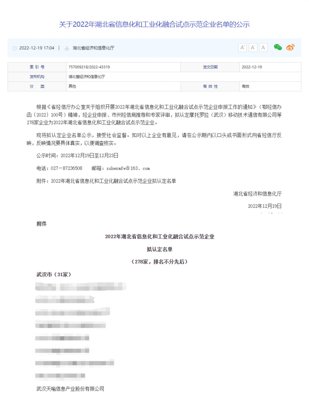 8188www威尼斯入选2022年湖北省信息化和工业化融合试点示范企业