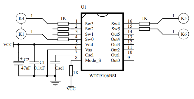 六通道触摸感应按键芯片WTC9106BSI