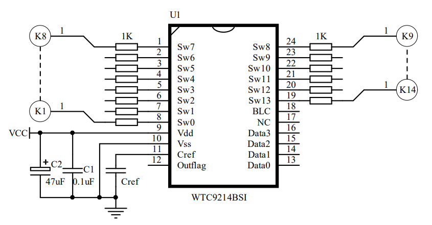 十四通道BCD输出触摸感应芯片WTC9214BSI