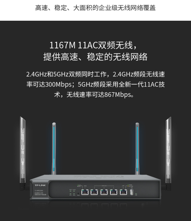 TP-LINK 1200M 5G双频无线企业级路由器 wifi穿墙/VPN/千兆端口/AC管理 TL-WVR1200G