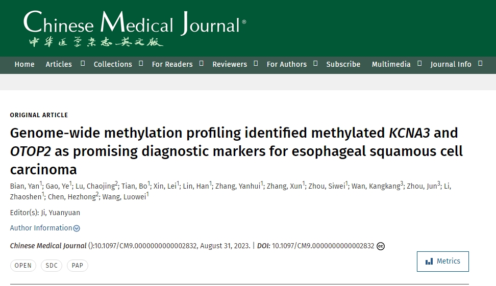 CMJ：KCNA3和OTOP2基因甲基化双靶点检测食管鳞状细胞癌性能优异