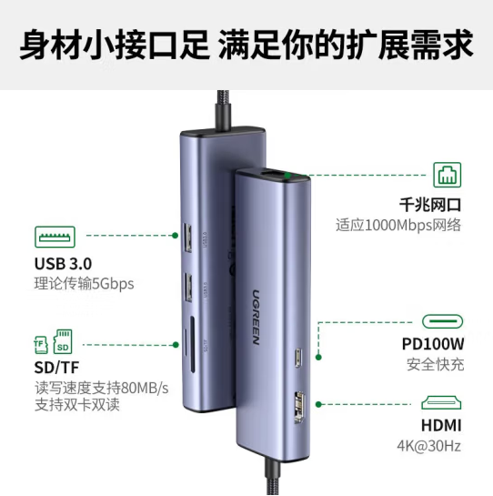 绿联90568 7合1 Type-C扩展坞USB-C分线器转接头HDMI通用