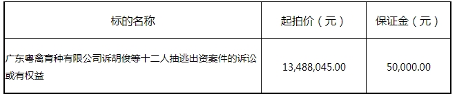 广东粤禽育种有限公司诉胡俊等十二人抽逃出资案件的诉讼或有权益拍卖公告