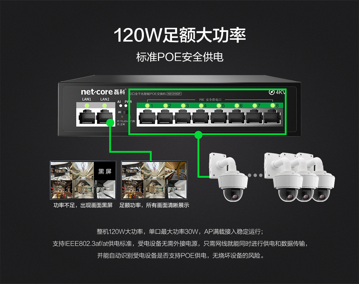 磊科NS1310GP 8+2口全千兆级联POE交换机 功率120W