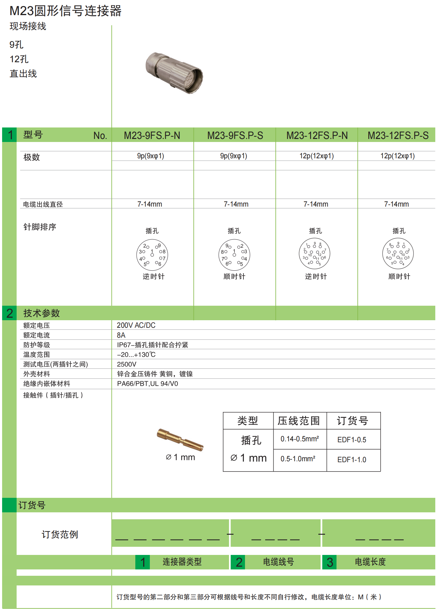 M23 信号连接器 现场接线 插针/插孔直出