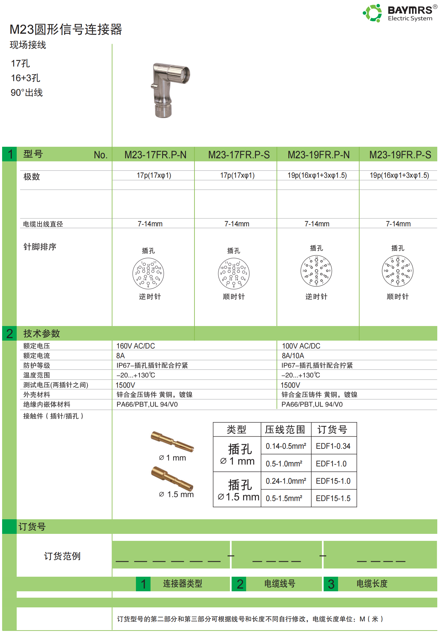 M23 信号连接器 现场接线 插针/插孔直出