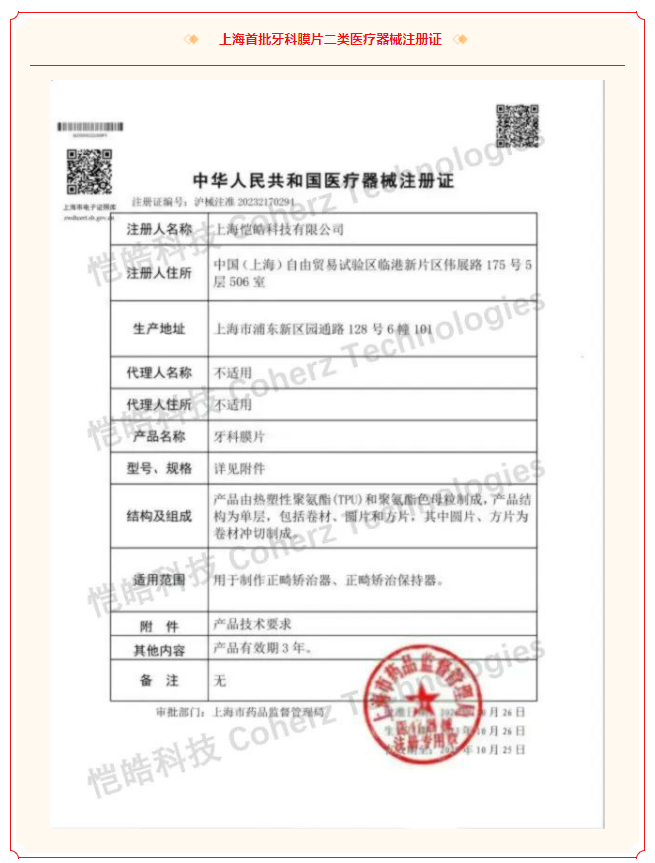 喜讯 | 恺皓科技获上海首批牙科膜片二类医疗器械注册证