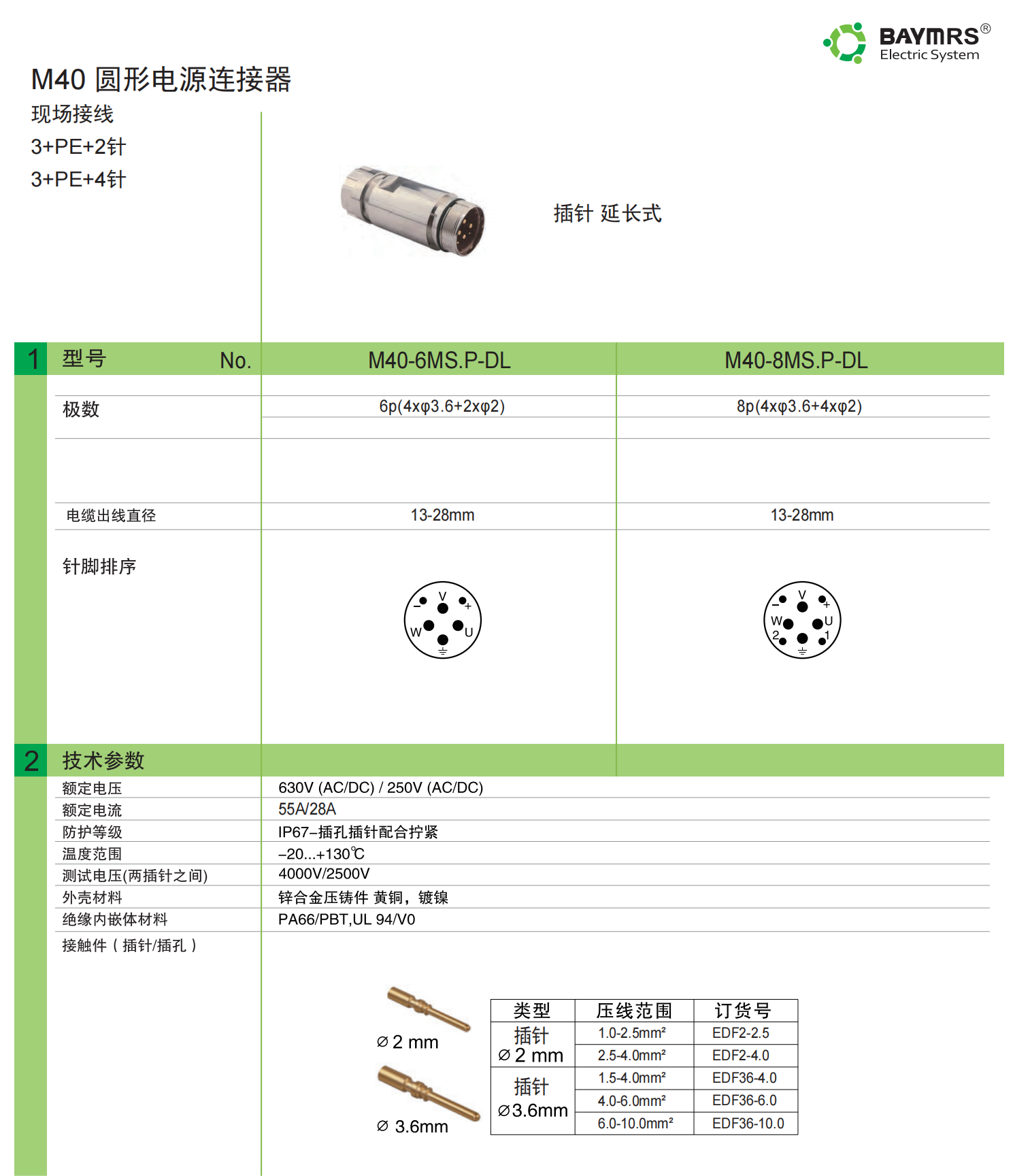 M40 圆形电源连接器 现场接线插针直出 延长式