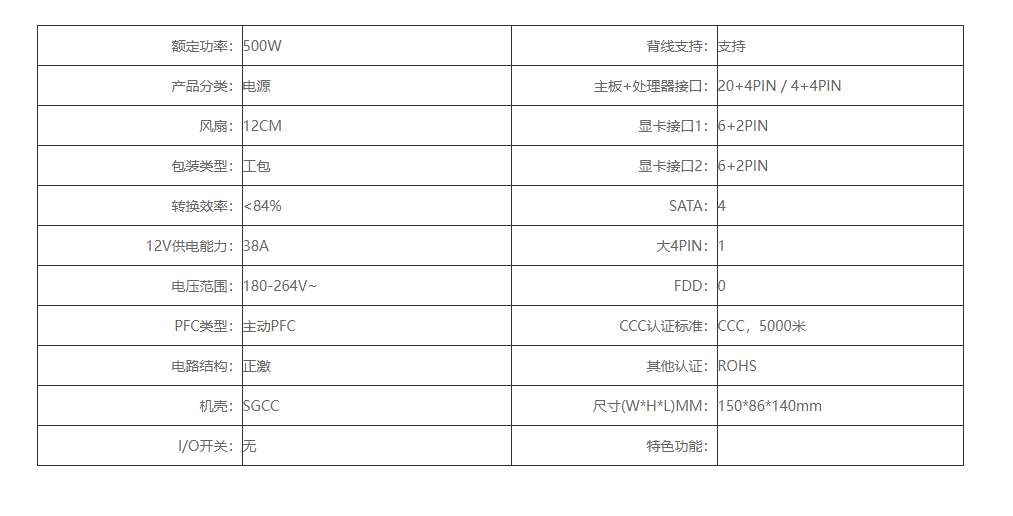 航嘉SUPER 600工包电源（额定500W）