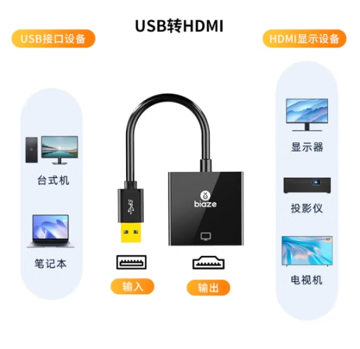 毕亚兹 USB3.0公转HDMI孔连接线0.2米