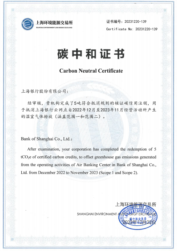 【会员动态】上海银行云网点获得碳中和认证
