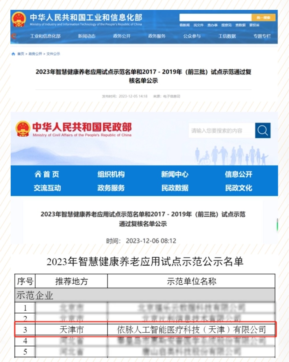 捷报频传｜国家级示范！天中依脉入围2023年智慧健康养老应用试点示范企业名单