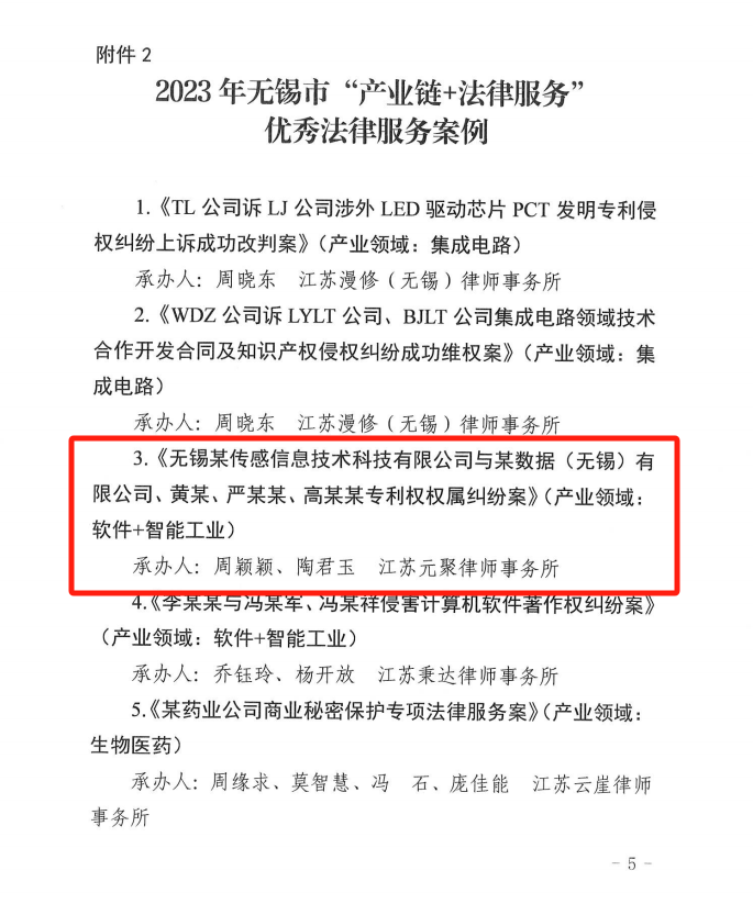 元聚荣誉 | 获评2023年无锡市“产业链+法律服务”优秀法律服务产品及案例