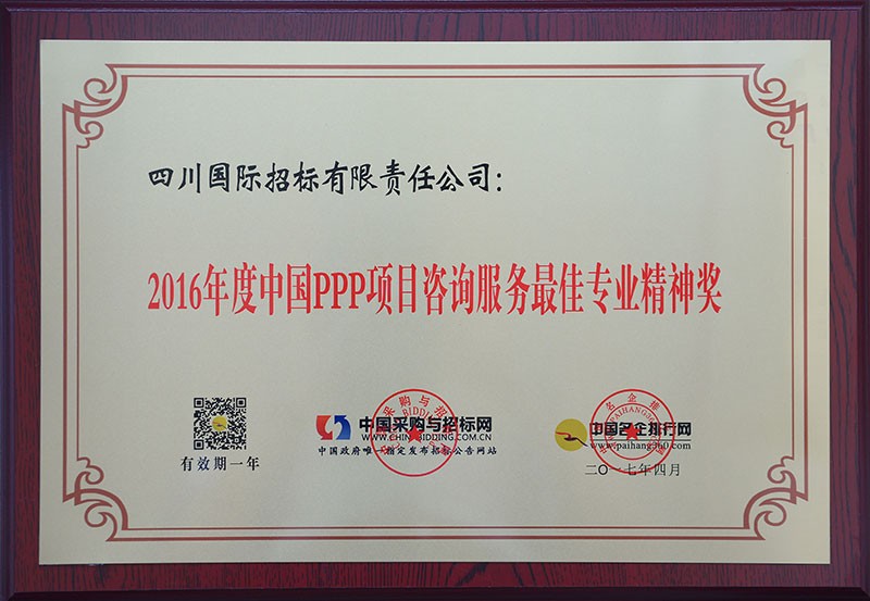 2016年度中国PPP项目咨询服务最佳专业精神奖
