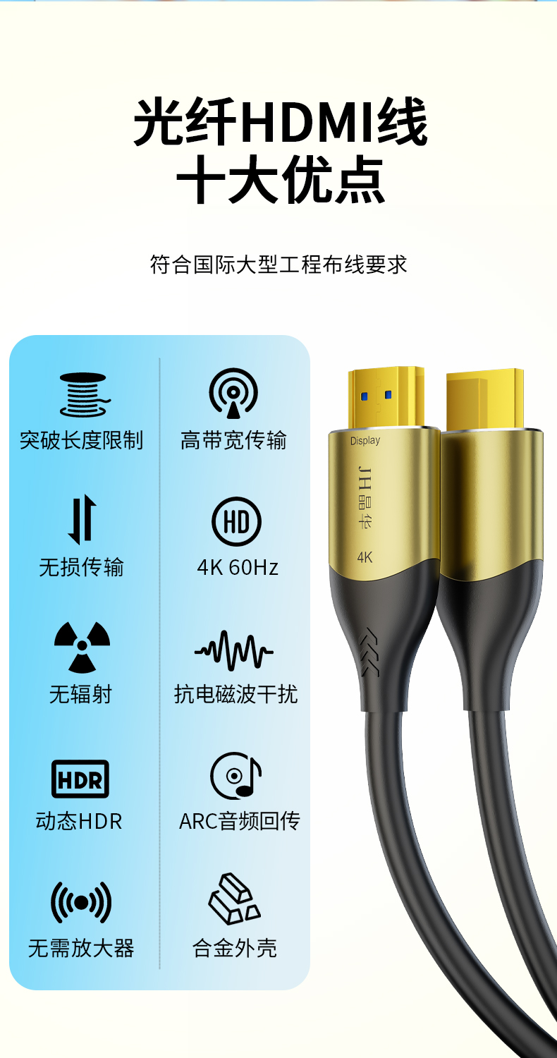 晶华HDMI 光纤线2.0版 加芯片用线注意方向(10米-300米)