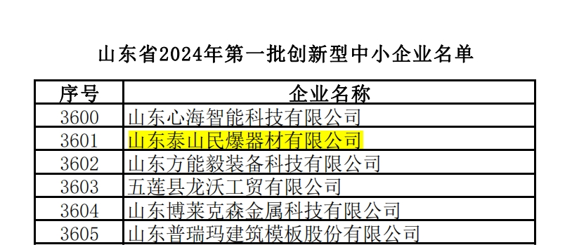 金年会下属泰山民爆公司入选山东省 2024年度第一批创新型中小企业