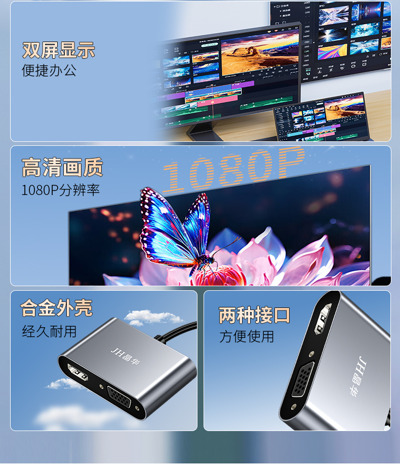 【Z826】晶华USB+TYPE-C转HDMI+VGA转接线 USB显卡