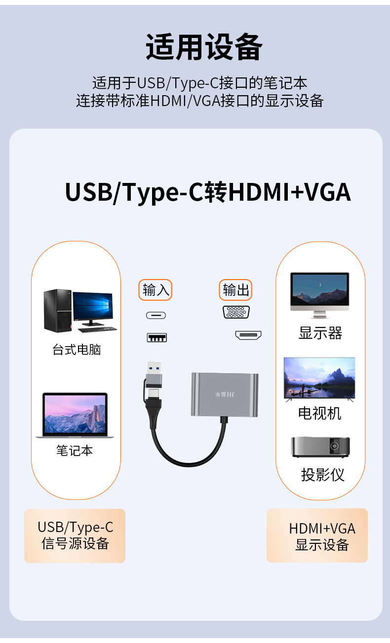 【Z826】晶华USB+TYPE-C转HDMI+VGA转接线 USB显卡