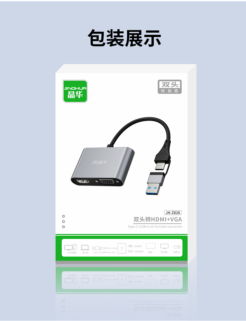 【Z826】晶华USB+TYPE-C转HDMI+VGA转接线 USB显卡