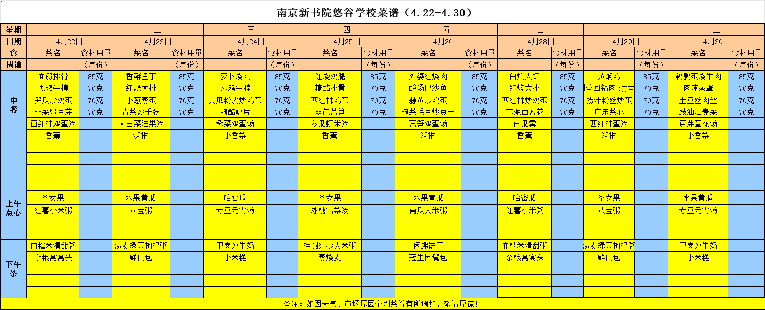 2024年春学期第十、十一周食谱