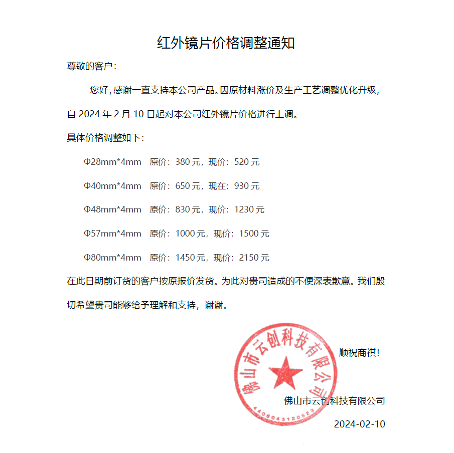 关于红外热像仪配件价格调整公告